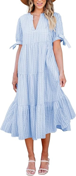 Theenkoln Womens Casual Midi Dress: Short Sleeve V-Neck Empire Waist Gingham Spring Fashion Long ... | Amazon (US)