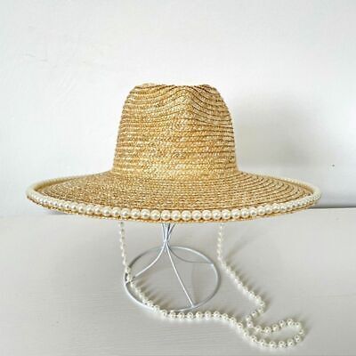 Pearl Chain Summer Straw Hat Wide Brim Flat Top Ladies Fashion Travel Women Cap | eBay US