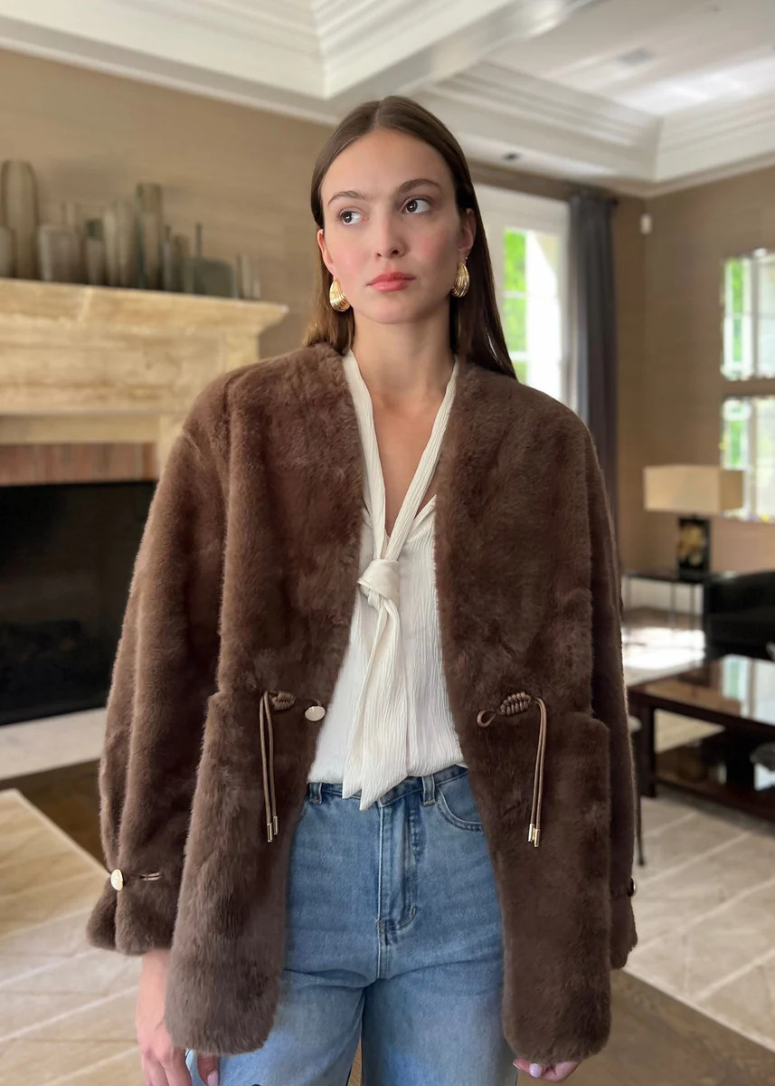 Clarisse Faux Fur Coat with Fishtail Braid Tie Detail - Brown | Benaar La