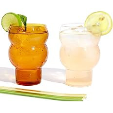 Rhoji 16 oz Drinking Glasses Set with 2 Reusable Glass Straws, Set of 2, Unique Vintage Glassware... | Amazon (US)