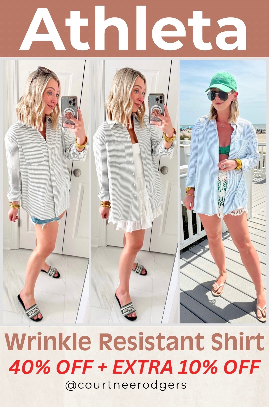 Our favorite Athleta wrinkle resistant button up is back in a near identical green stripe and ON SALE for 40% OFF + an extra 10% OFF at checkout!!! Runs big, I wear size XS (trust me size down one) —I also own (2) in white because I wore it so much last year!

Athleta, best seller, closet staples 

#LTKmomlife #LTKgrwm #LTKootd