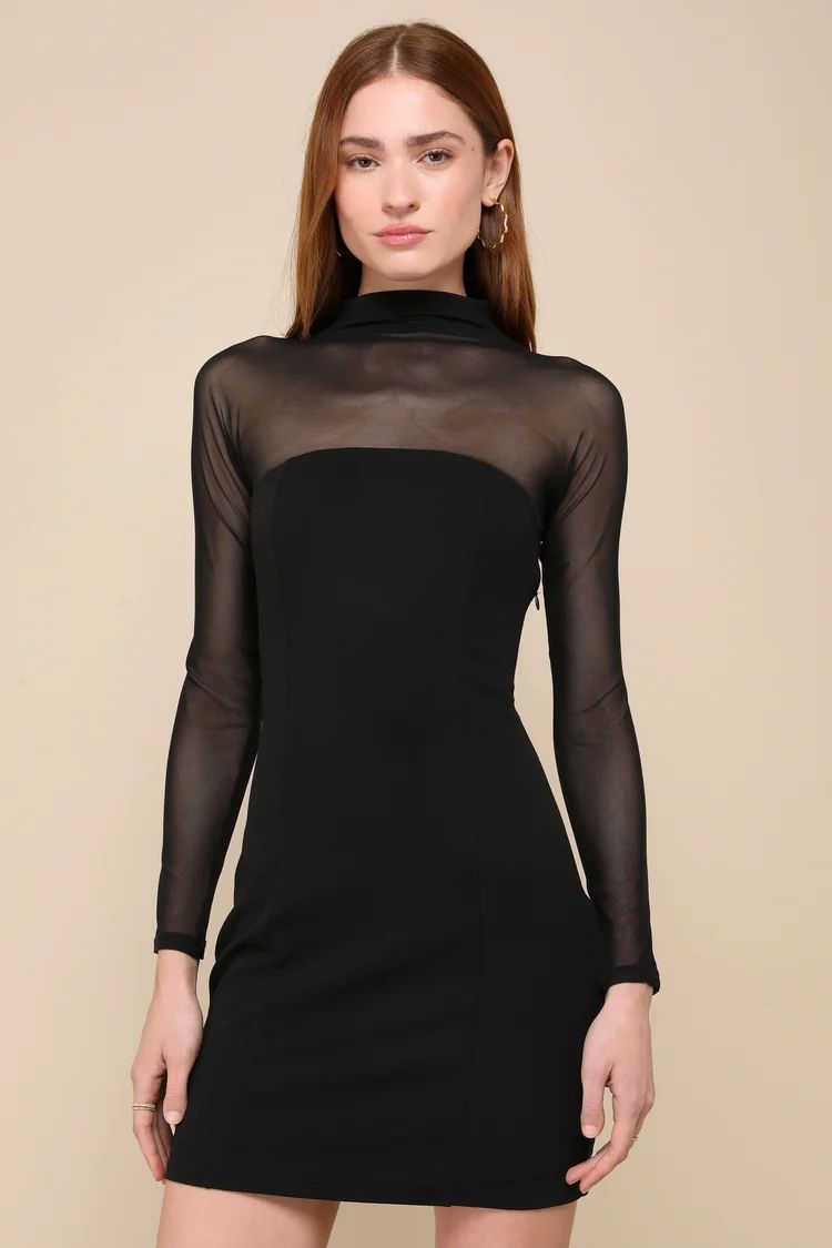 Black Mesh Long Sleeve Bodycon Mini Dress | Black Mini Dress | Black Cocktail Dress | Lulus