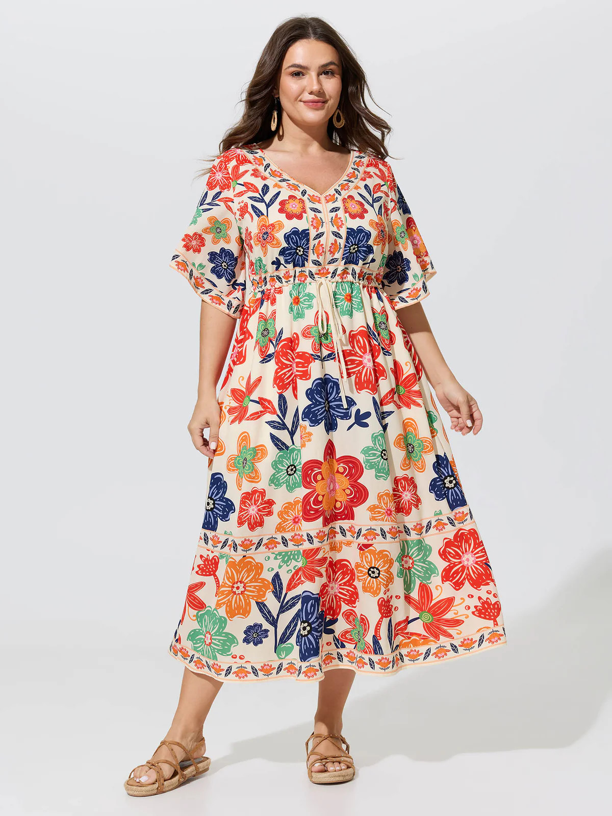 Floral Print Drawstring Waist Tiered Midi Dress | Bloomchic