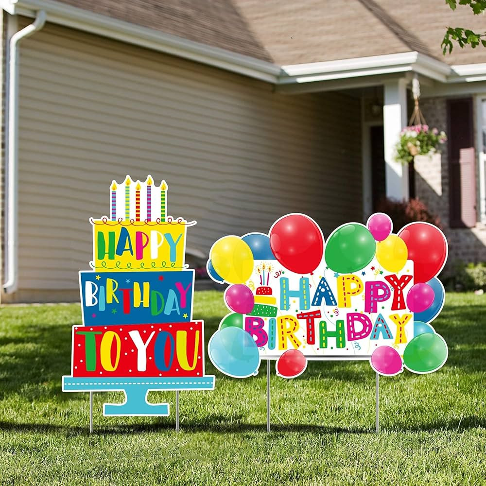 URATOT 2 Pack Birthday Yard Signs Outdoor Lawn Decorations Birthday Cake Yard Signs Birthday Ball... | Amazon (US)
