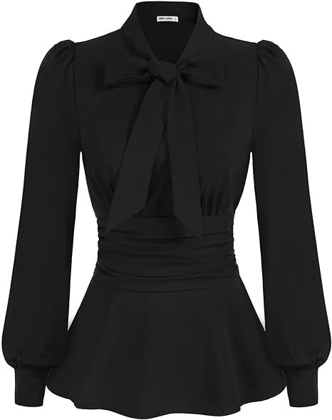 GRACE KARIN Women's Long Sleeve Peplum Dressy Shirt Office Bow Tie Work Blouses Tops Smocked Wais... | Amazon (US)