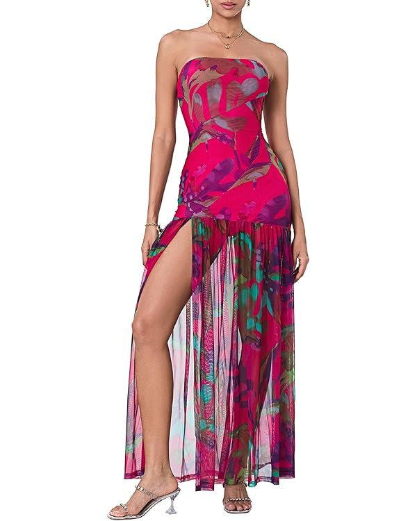 Women's Summer Tube Top Dress Strapless Backless Mesh Patchwork High Slit Maxi Party Dress | Amazon (US)