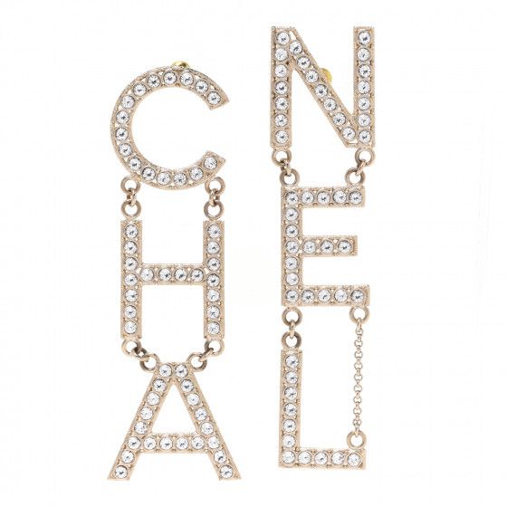 CHANEL Crystal Cha-Nel Logo Drop Earrings Gold | FASHIONPHILE | Fashionphile