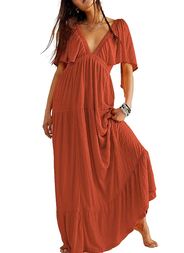 Kikibell Women Summer Dresses Sexy V-Neck Maxi Dress Tiered Silhouette with Flutter Sleeve Backle... | Amazon (US)