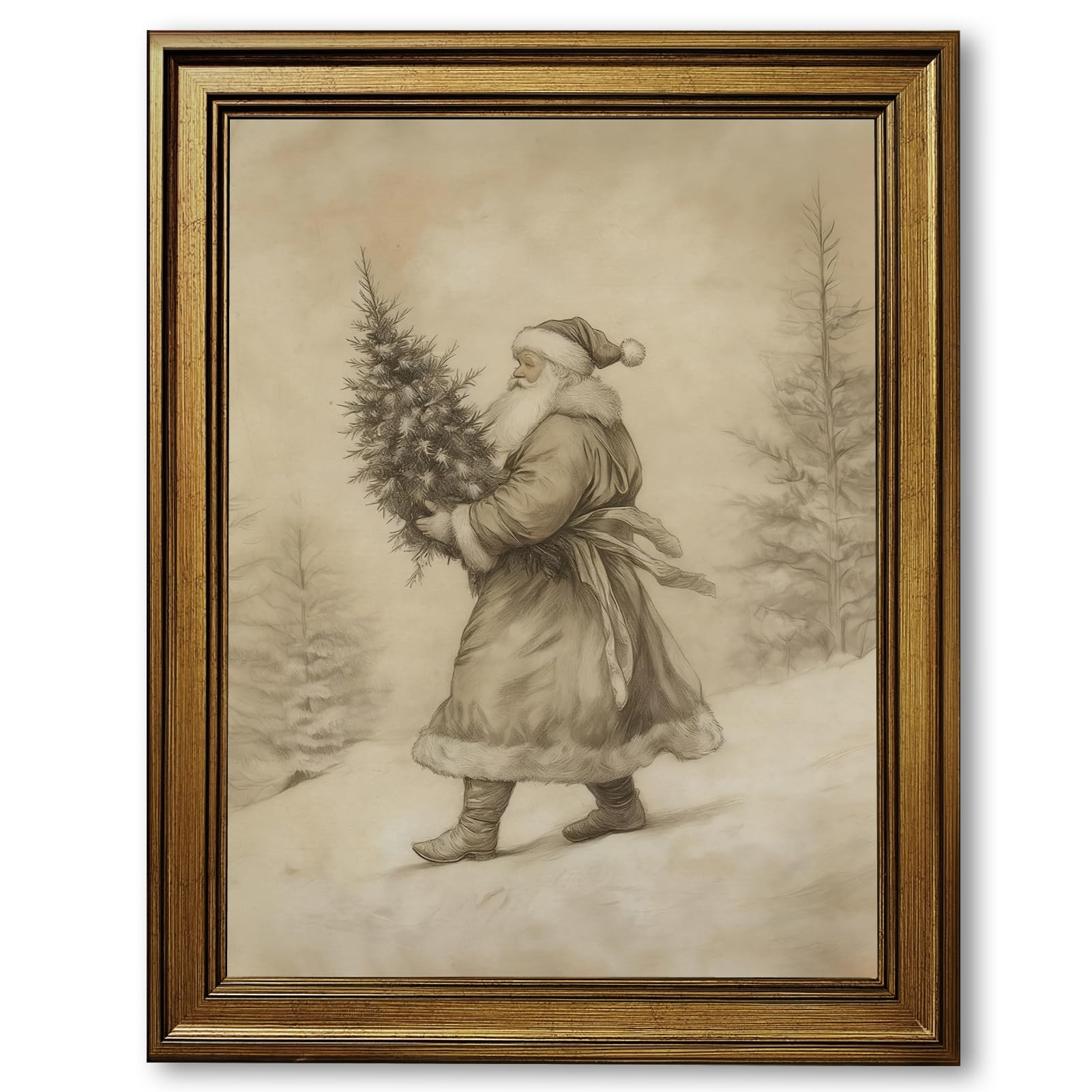 Yermidi Vintage Christmas Wall Art Neutral Sketch Santa Claus Holding Tree Poster Farmhouse Chris... | Amazon (US)