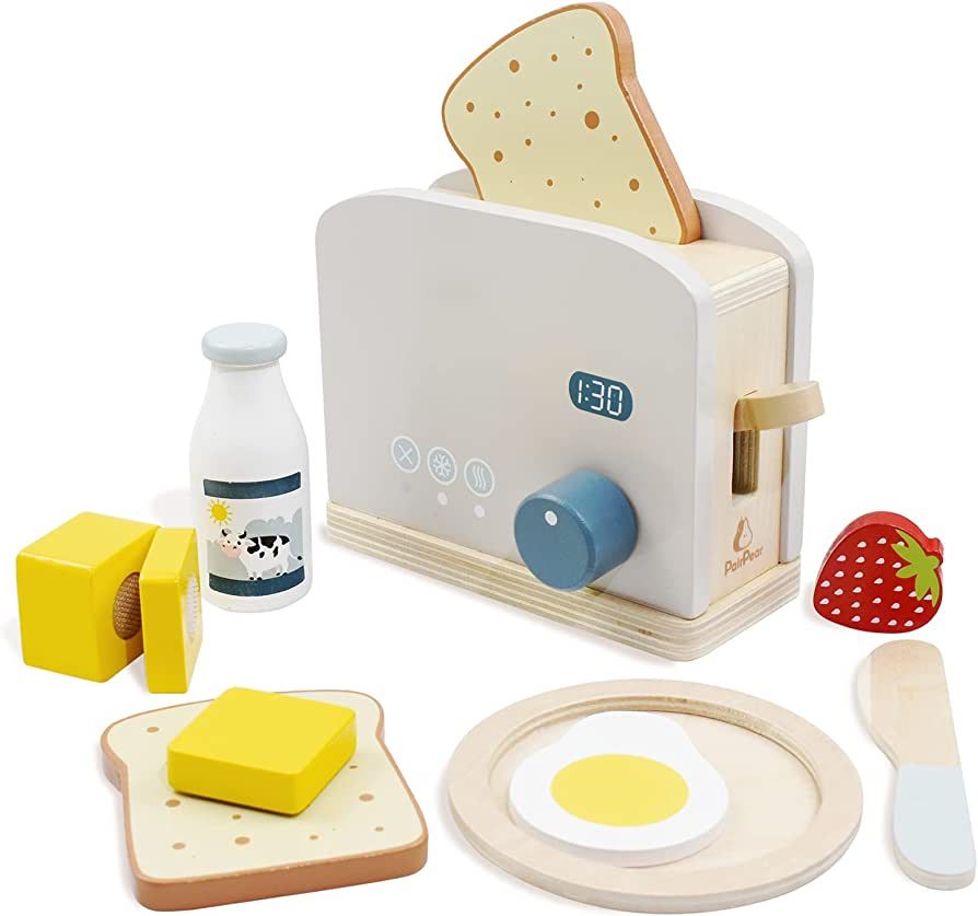 PairPear Pop up Toaster Play Kitchen Playset - Wooden Toy Food 11 Accessories for Kids | Amazon (US)