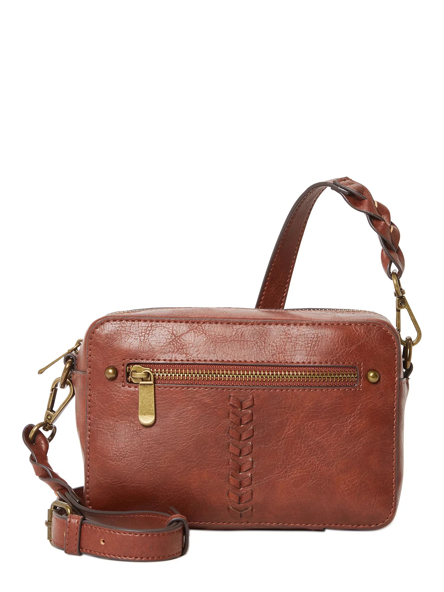 Time and Tru Women's Olivia Faux Leather Crossbody Handbag Brown | Walmart (US)