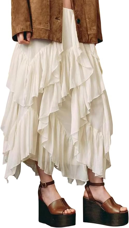 Wyeysyt Women's Ruffle Maxi Skirt Flowy Long Layered Skirts A Line Tiered Trendy Skirt | Amazon (US)