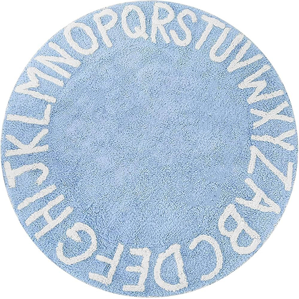 blue page ABC Rug for Kids Room Circle Nursery Rug for Baby Boy and Girl - Neutral Cotton Alphabe... | Amazon (US)