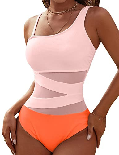 Blooming Jelly Women's Sexy One Piece Bathing Suits One Shoulder Swimsuits Slimming Mesh Swimwear(X-Large,Pink and Orange) | Amazon (US)
