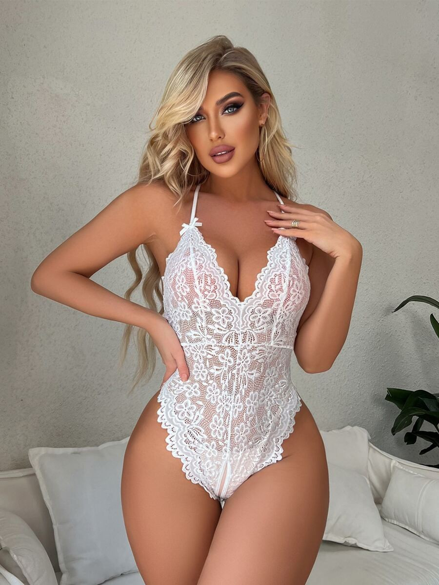 Floral Lace Scallop Trim Teddy Bodysuit | SHEIN