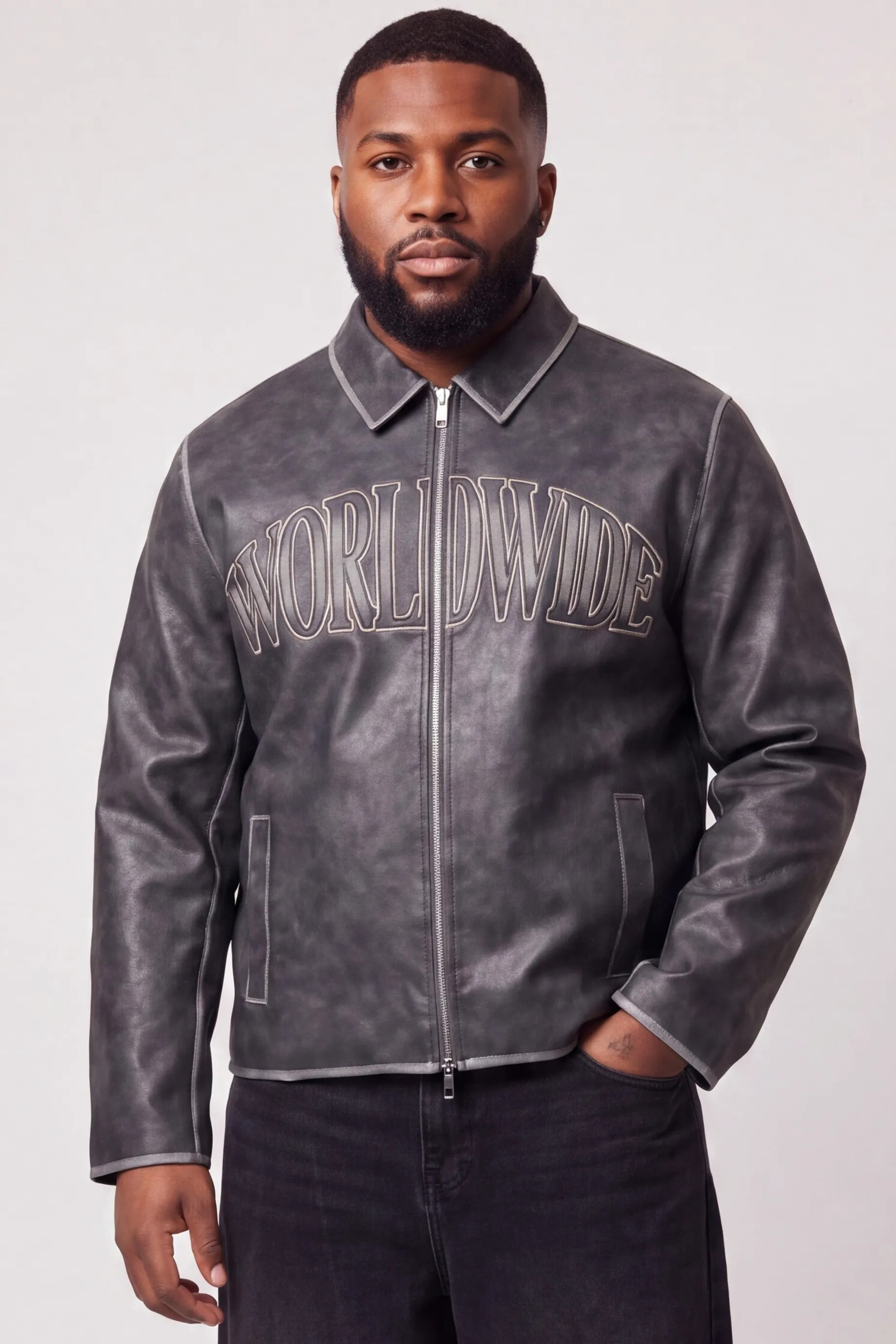 Plus Regular Tumble PU Applique Harrington Jacket | boohooMAN (US & Canada)