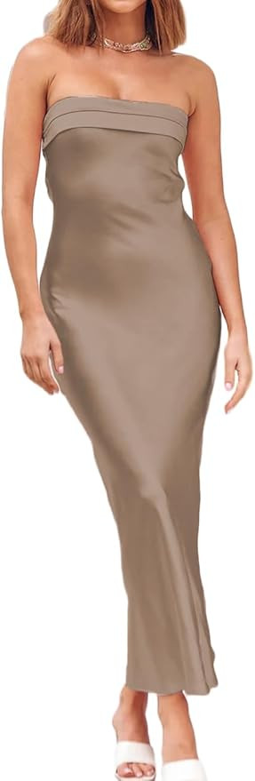 Realtix Satin Silk Backless Tube Tops Maxi Dress for Women Low Back Hollow Out Elegant Strapless ... | Amazon (US)