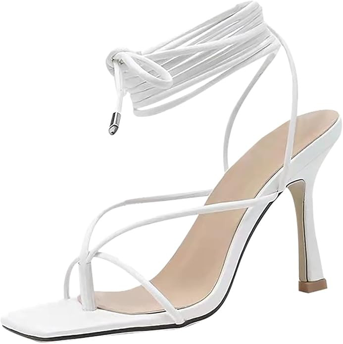 Women's Stiletto Heel Lace-Up Sandals,Summer Fashion Narrow Band Square Toe High Heels Cross Stra... | Amazon (US)
