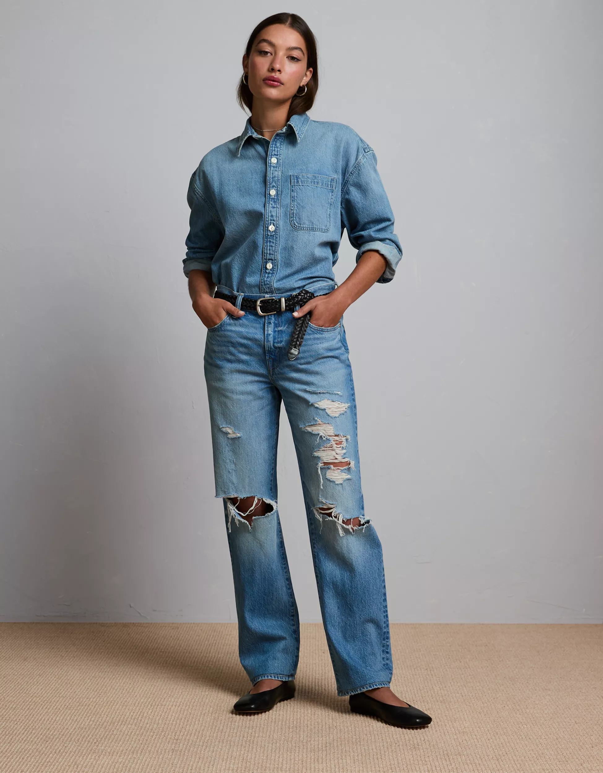 AE77 Premium Denim Boyfriend Shirt | American Eagle Outfitters (US & CA)