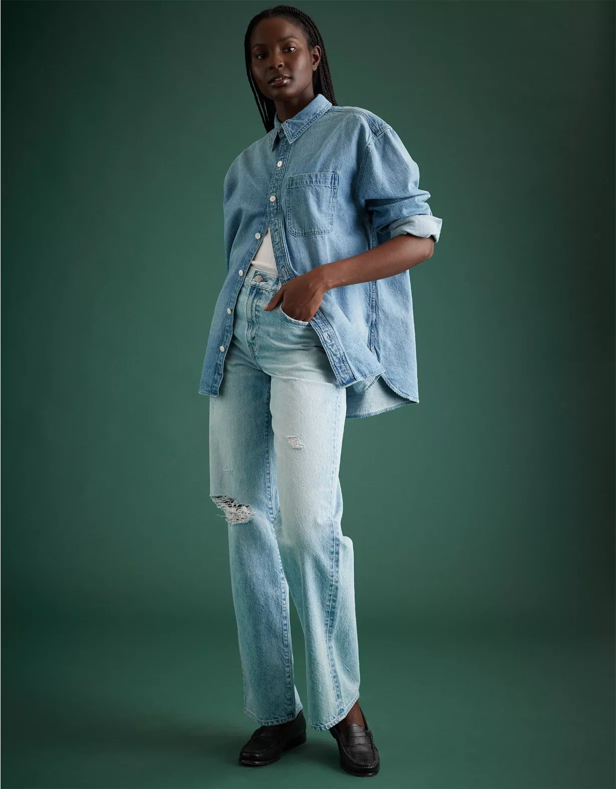 AE77 Premium Denim Boyfriend Shirt | American Eagle Outfitters (US & CA)