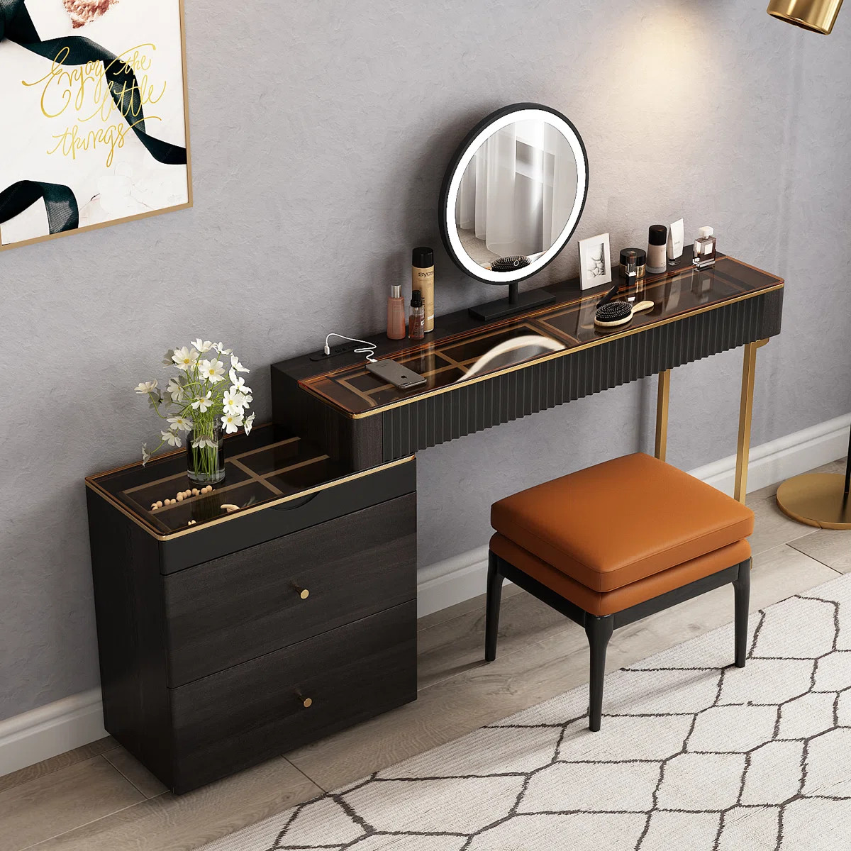 Maurece Solid and Manufactured Wood Glass Top Makeup Vanity with Power Outlet | Wayfair North America