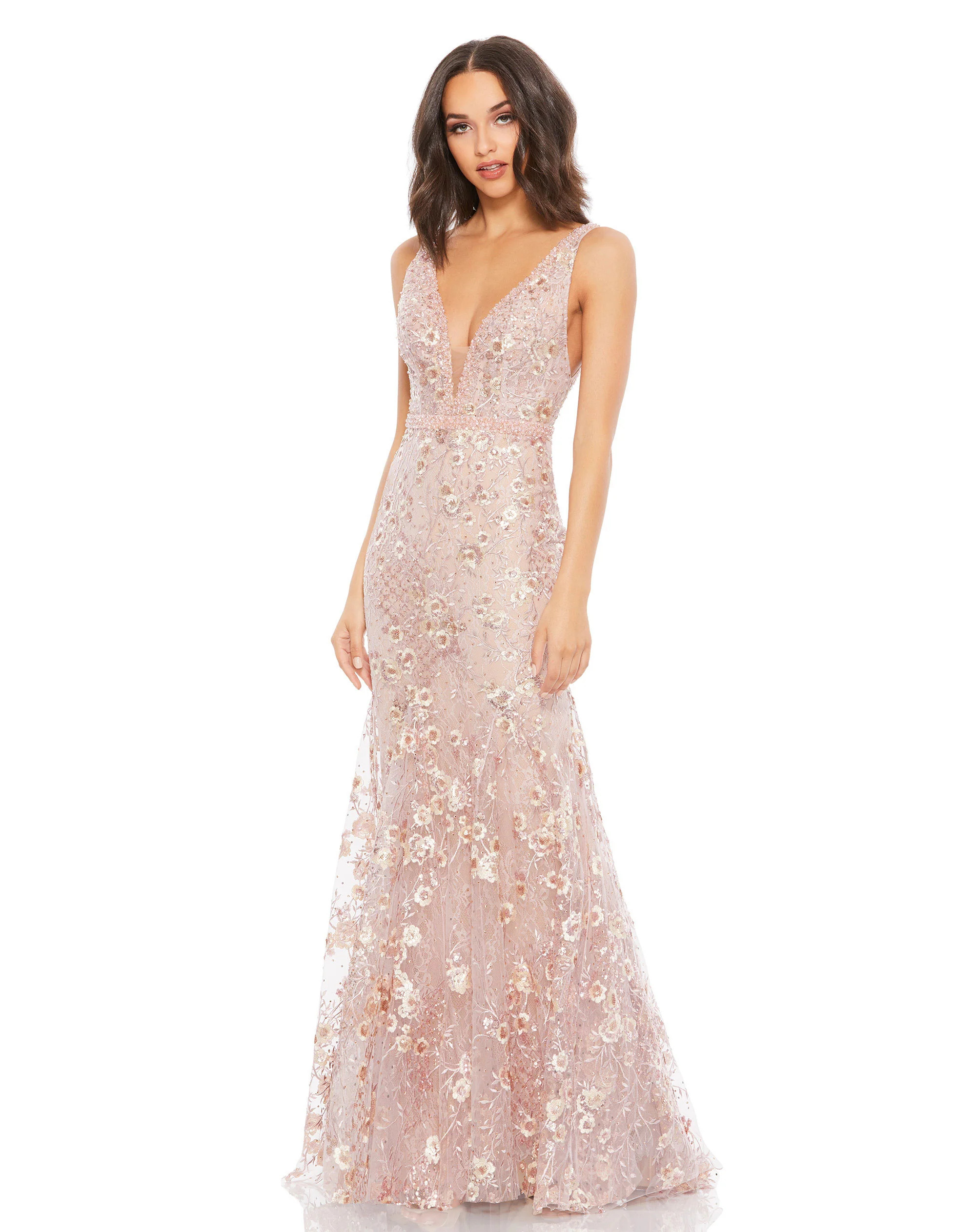 Floral Embellished Sleeveless Plunge Neck Gown | Mac Duggal