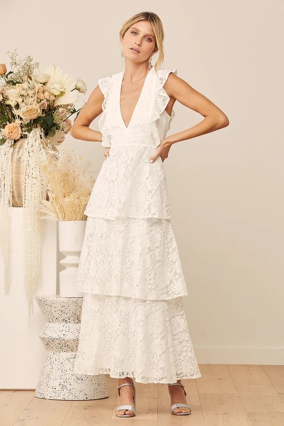 Molinetto White Lace Ruffled Tiered Sleeveless Maxi Dress | Lulus (US)