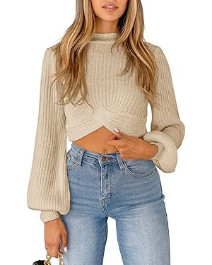 Chahuapy Womens 2023 Fall Winter Cropped Sweater Causal Mock Neck Ribbed Knit Pullover Jumper Top... | Amazon (US)
