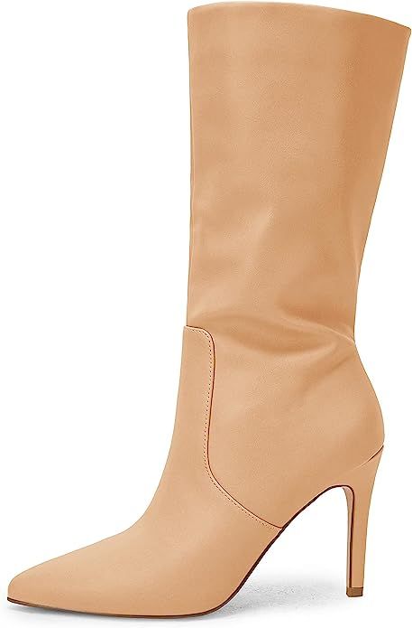 Coutgo Womens Mid Calf Boots Stiletto High Heels Closed Pointed Toe Side Zipper Faux Leather Fall... | Amazon (US)