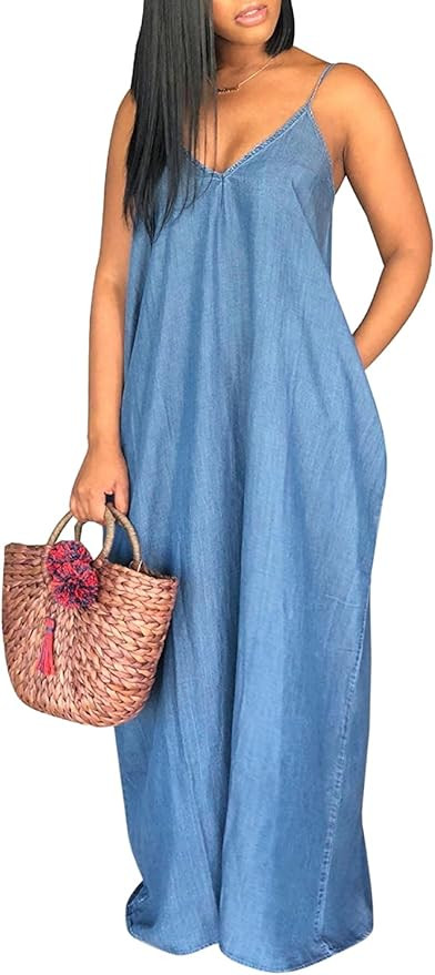 Chuanqi Womens Summer Spaghetti Strap Dresses Casual Denim Deep V Neck Loose Maxi Dress | Amazon (US)
