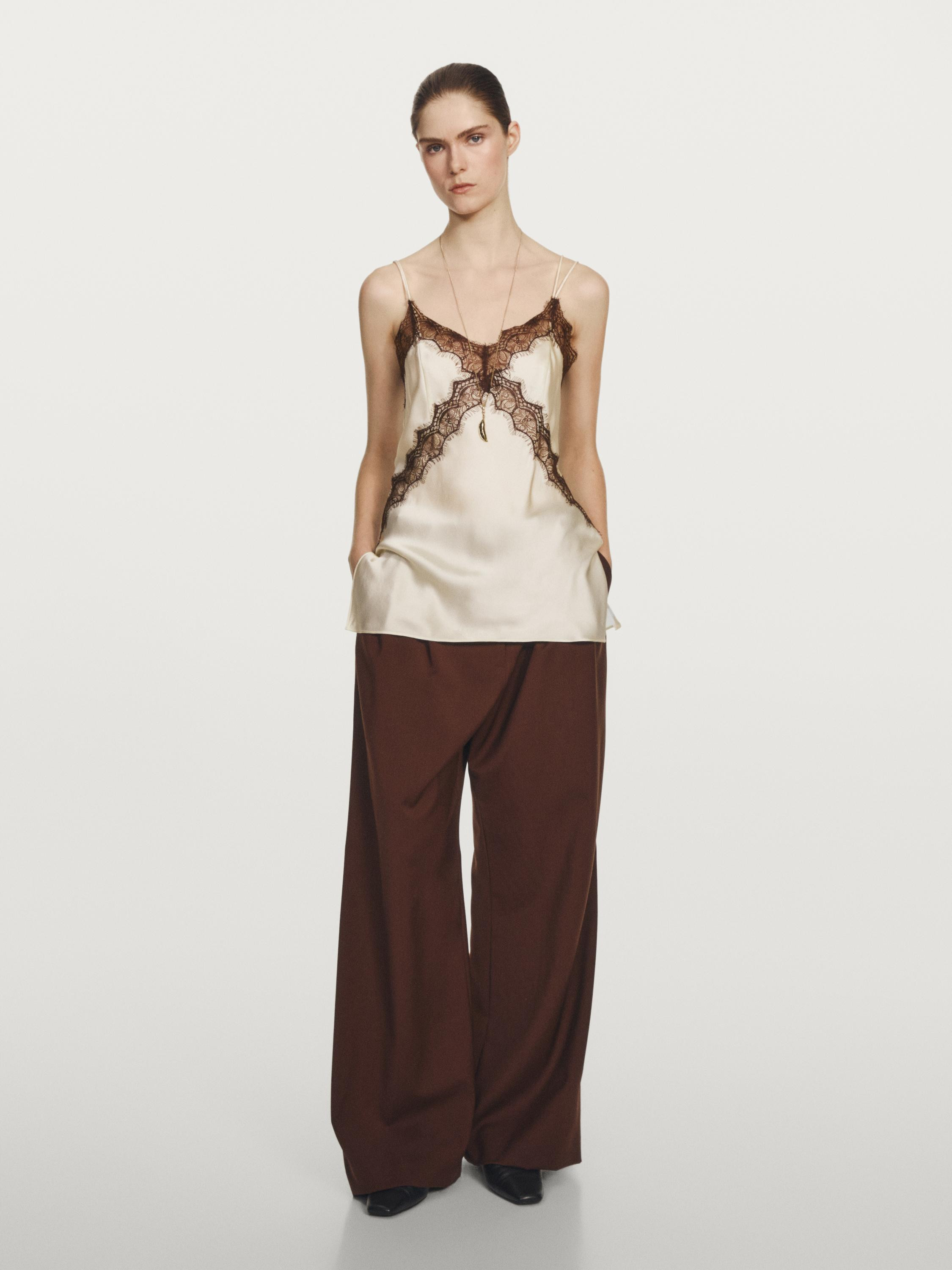 Camisole top made in 100% silk fabric. V-neckline at the back and neck . Straps. Side splits . La... | Massimo Dutti UK