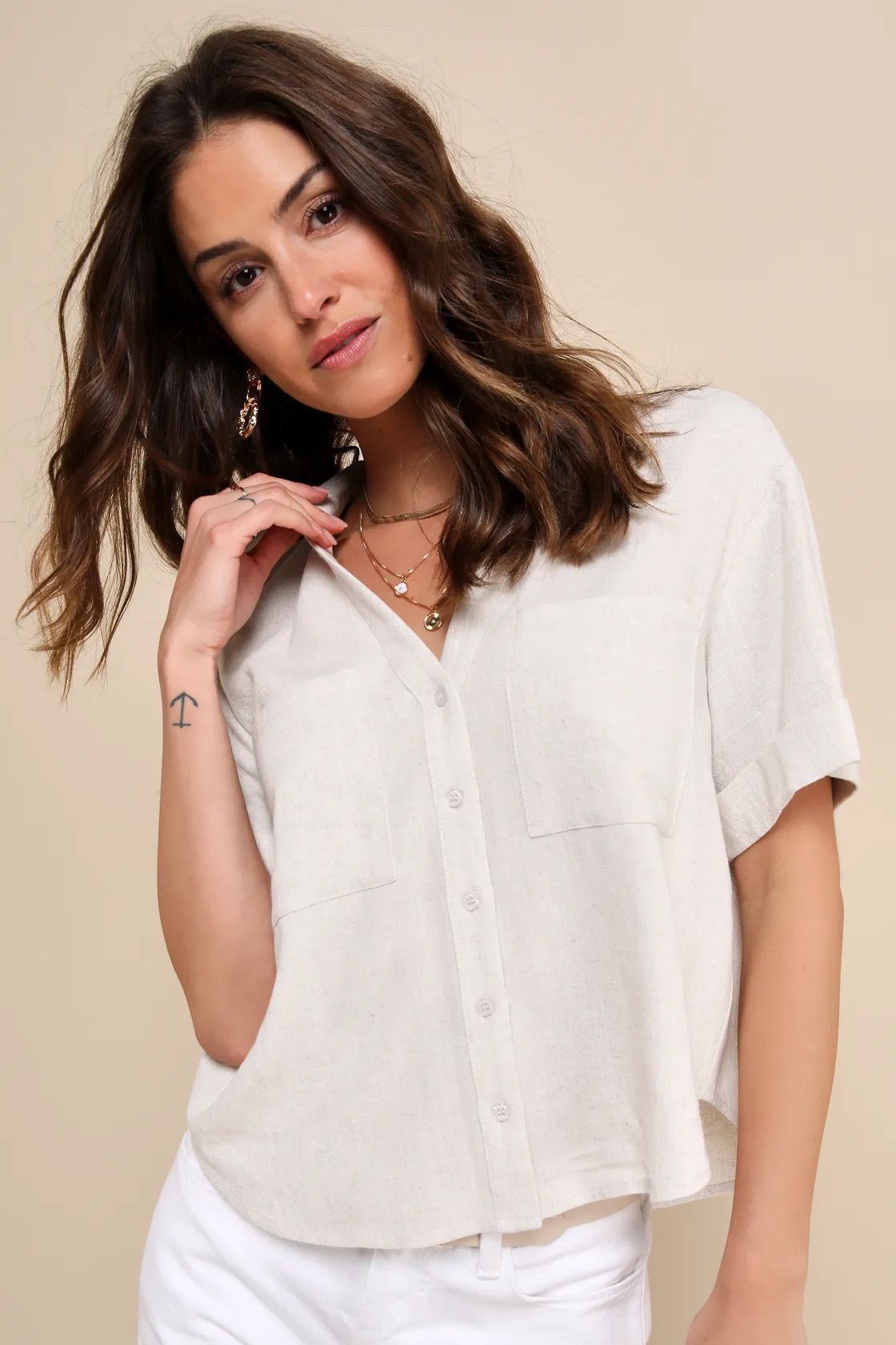 Summer Escapades Beige Linen Collared Button-Up Top | Lulus