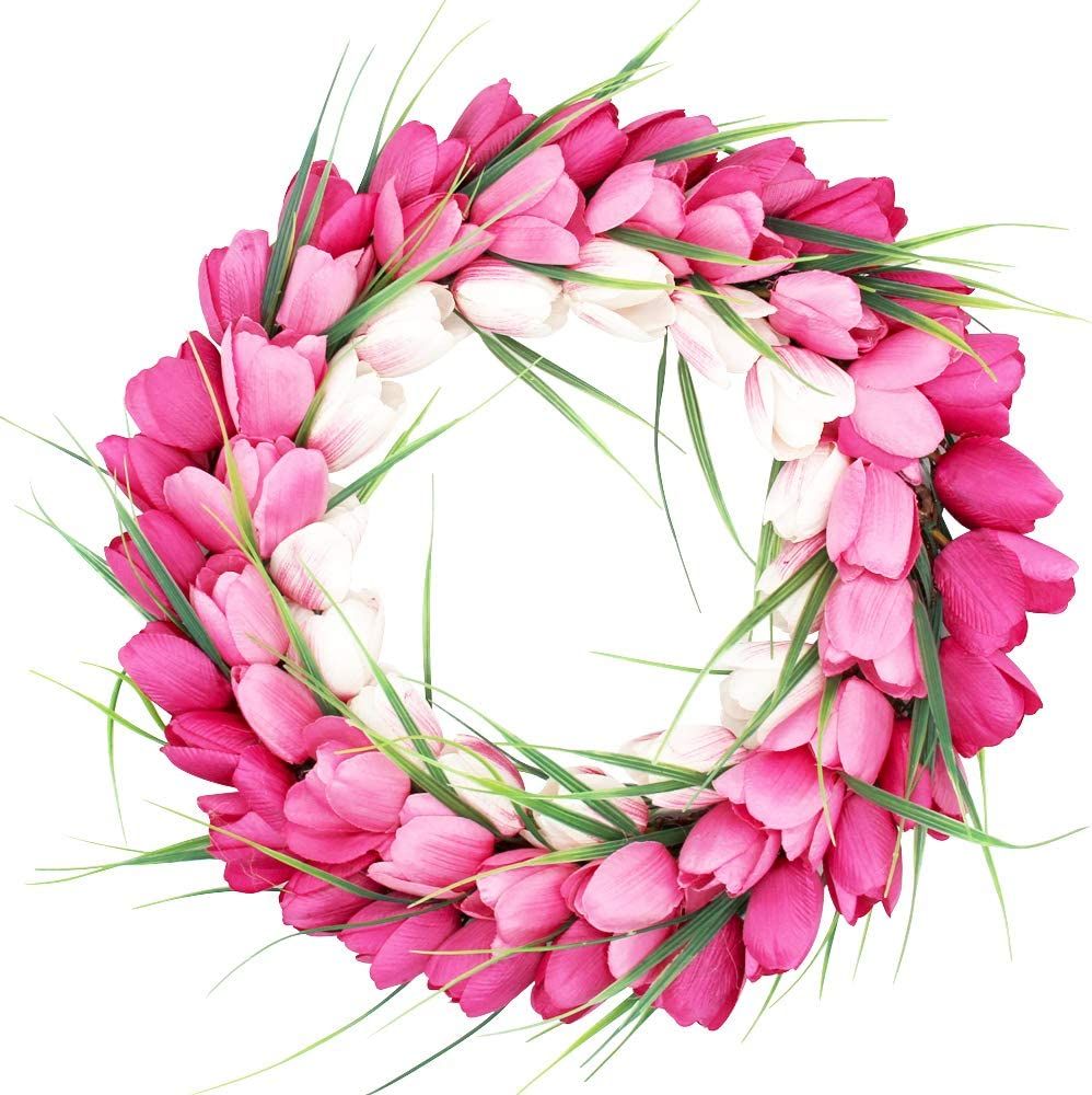 H&W Tulip Wreaths for Front Door Décor, 15'' Springtime Silk Flower Wreath for Window Wall Party... | Amazon (US)