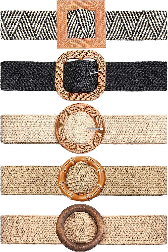 5 Pieces Straw Woven Waist Belts Braided Waist Band Elastic Skinny Dress Belt Stretch Waist Belt ... | Amazon (US)