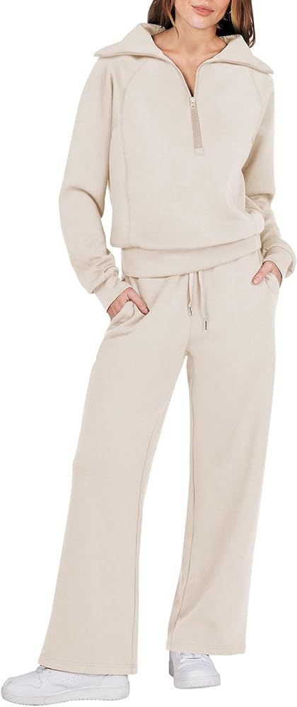 Caracilia Women Two Piece Outfits Sweatsuit Set Quarter Zip Oversized Sweatshirt Wide Leg Sweatpant Fall Lounge Set Tracksuit | Amazon (US)
