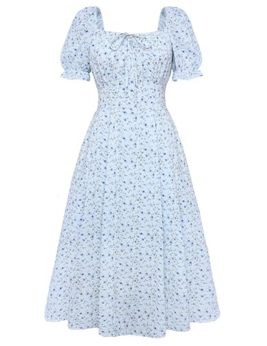 Belle Poque Blue Floral Dress for Women 2026 Spring Summer Sundress Vintage Cottagecore Short Sleeve Midi Dress S | Amazon (US)