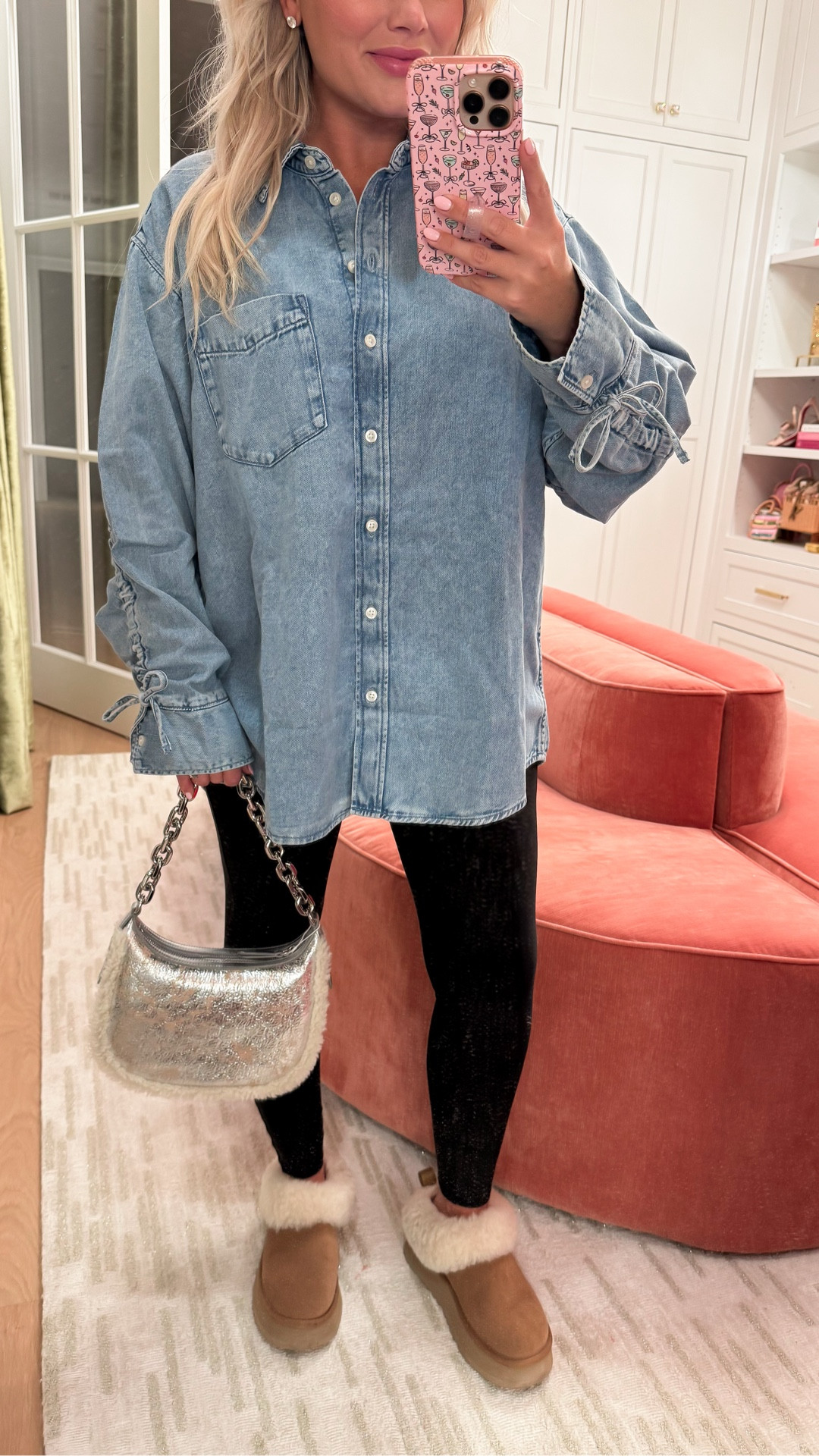 Size small denim shirt 
Size medium petite Spanx leggings 

#LTKmomlife #LTKootd #LTKstorytime