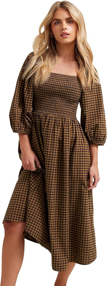 Petite Women's Gingham Puff Sleeve Midi Dress Brown | Amazon (US)