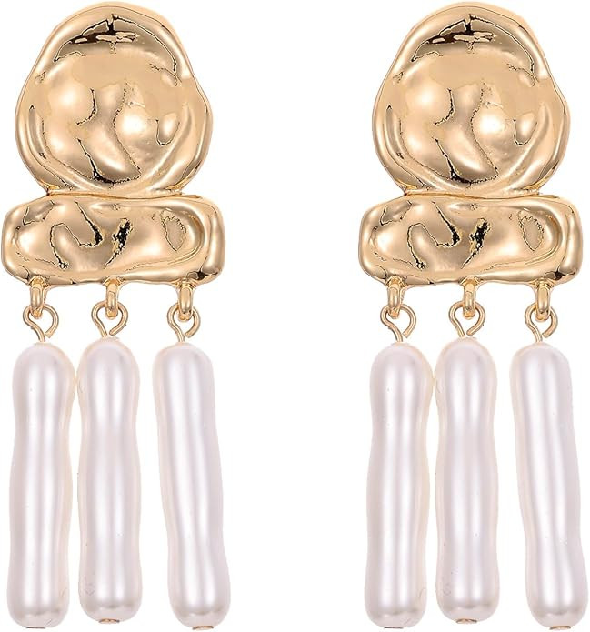 Statement Pearl Dangle Earrings,Gold and Large Pearl,Luxury Chandelier Organic Style Earrings | Amazon (US)