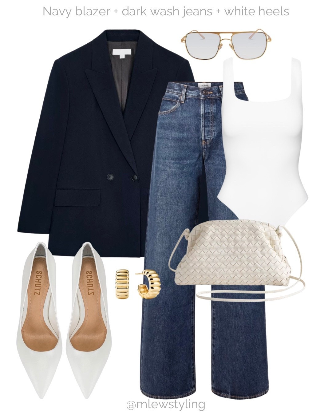 Navy blazer + dark wash jeans + white heels 🤍

Tags: spring outfit, Aritzia tank bodysuit, frame denim, Zara oversized blazer, revolve aviator sunglasses, high heel pumps, quince woven leather bag, neutral aesthetic, capsule wardrobe, summer office look

#LTKjeans #LTKstyletip #LTKshoes