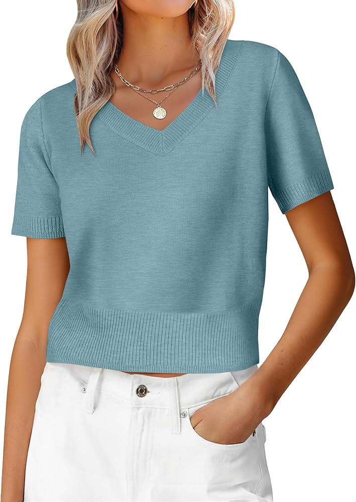 ANRABESS Womens Short Sleeve Sweaters Cropped V Neck Business Casual Lightweight Sweater Tops Sum... | Amazon (US)