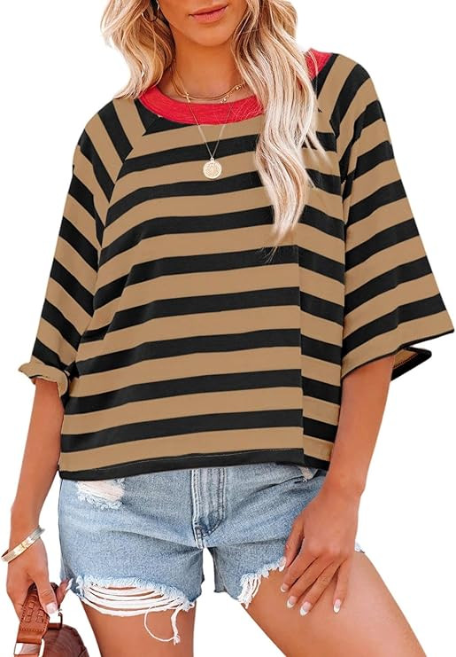 Dokotoo Tops for Women Striped 2024 Fashion T Shirts for Women Color Blocking Design Loose Basic ... | Amazon (US)