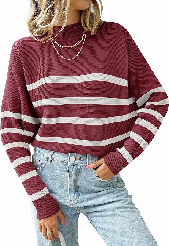 ZESICA Women's 2023 Fall Turtleneck Batwing Long Sleeve Ribbed Knit Casual Soft Pullover Sweater ... | Amazon (US)