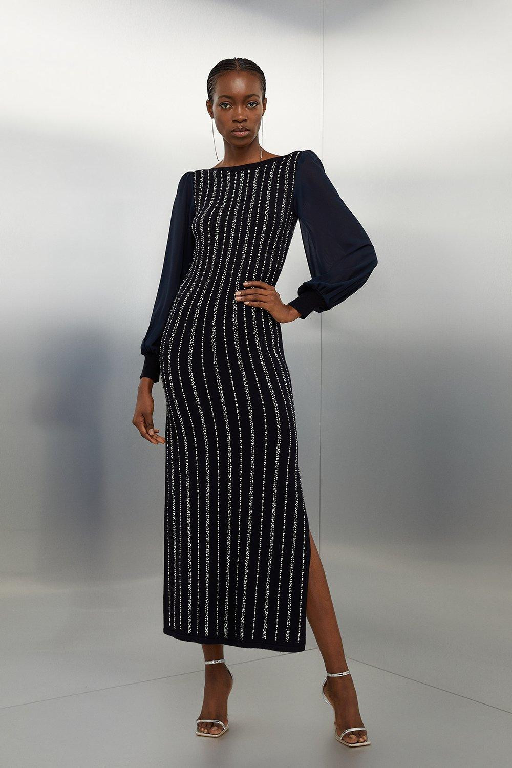 Viscose Blend Embellished Chiffon Sleeve Knit Midaxi Dress | Karen Millen UK + IE + DE + NL