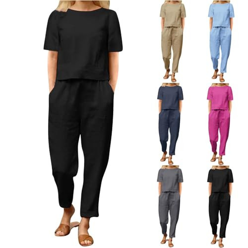 2 Piece Outfits for Women Summer Cotton Linen Casual Matching Set Short Sleeve T Shirts and Capri Pants with Pockets | Amazon (US)