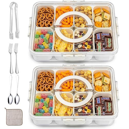 2 Pack Snackle Box Container with Lid and Handle | 8 Compartments Divided Serving Tray, Portable Clear Snack Organizer for Fruit, Candy, Nuts, Veggies & Charcuterie, Ideal for Travel, Party & Picnic | Amazon (US)