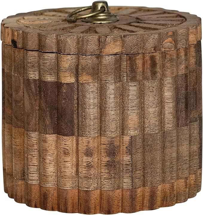 Creative Co-Op 5.75 Inches Round Carved Mango Wood Pleated Lid and Metal Pull, Natural and Antiqu... | Amazon (US)