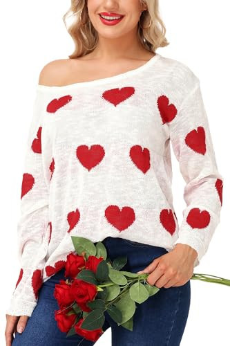 Ladies Love Heart Valentines Sweaters Sweet Holiday Pattern White Pullover Oversize Off Shoulder Sweater 2XL | Amazon (US)