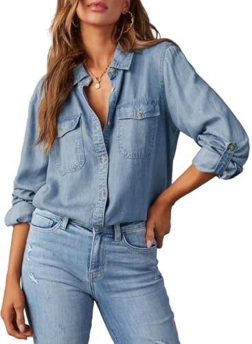 Astylish Women Denim Button Down Shirts Chambray Blouse Top | Long Sleeve, V Neck, Casual | Amazon (US)