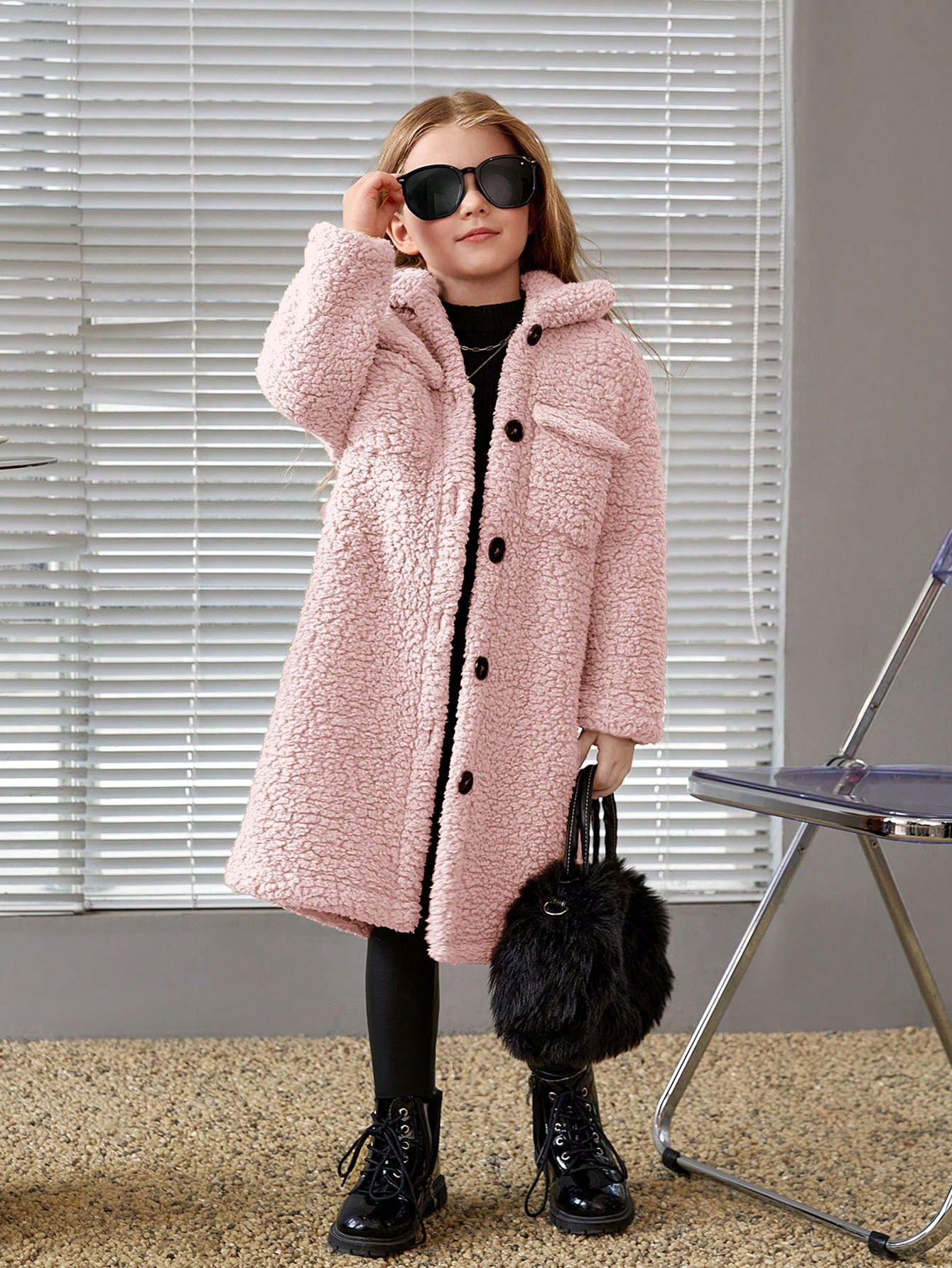SHEIN Young Girl Flap Pocket Drop Shoulder Teddy Coat | SHEIN